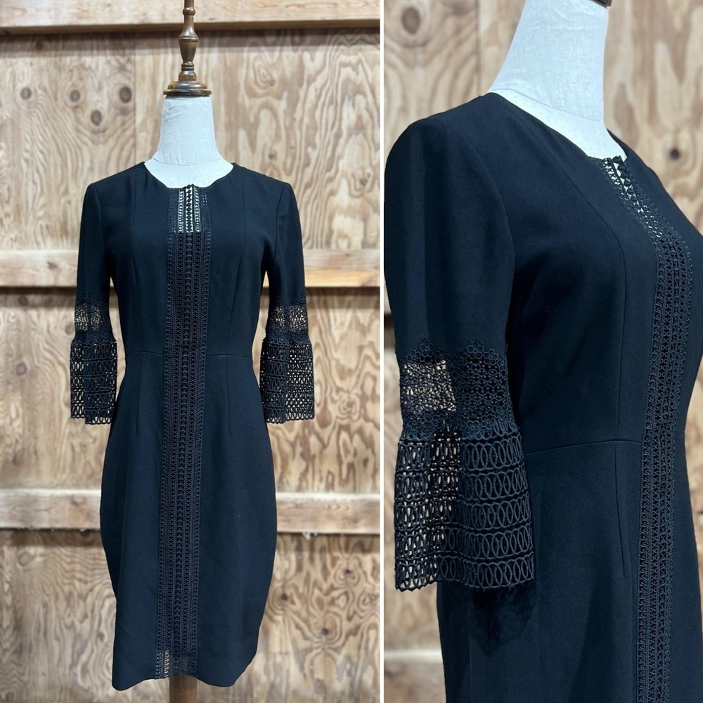Elie Tahari Black Crochet Lace Trim Balloon Sleeve Formal Cocktail Dress Size 2